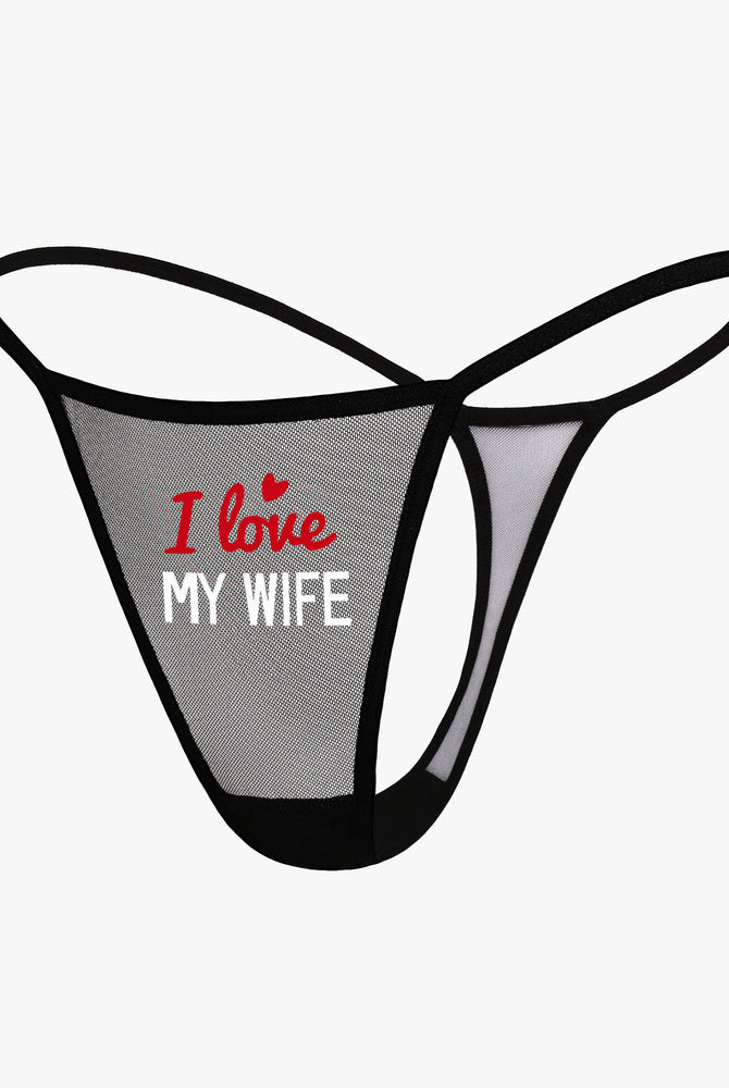 Black mesh "I Love My Wife" thong panties, low rise, sheer fabric, sexy lingerie.