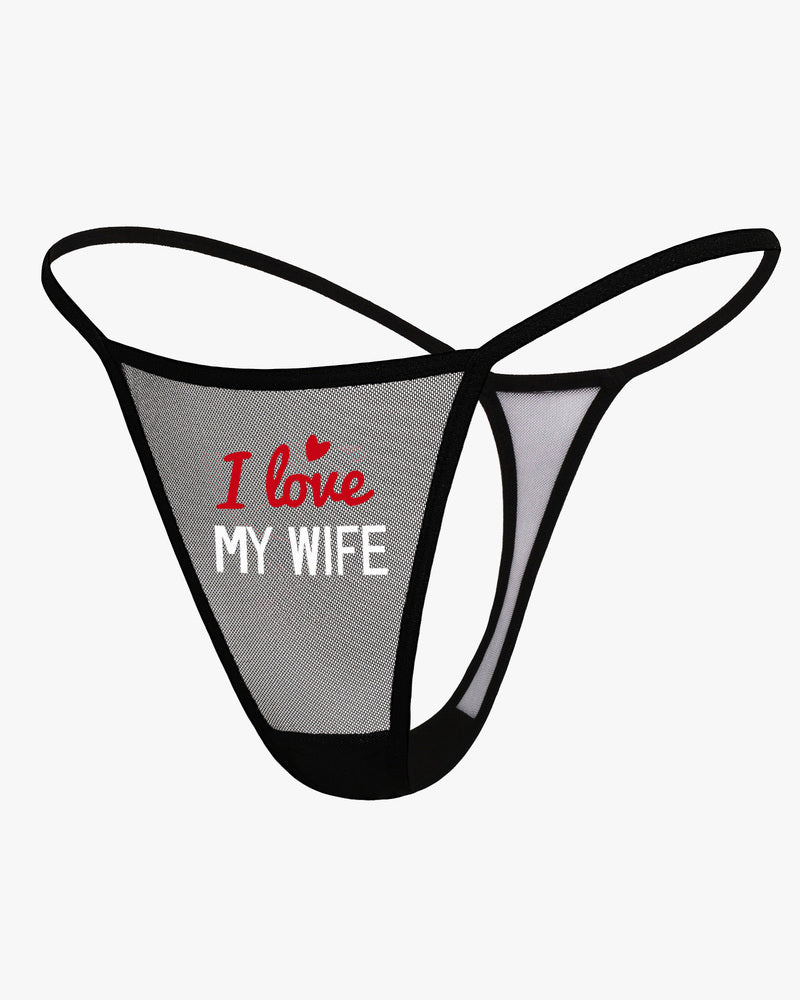 Black mesh "I Love My Wife" thong panties, low rise, sheer fabric, sexy lingerie.