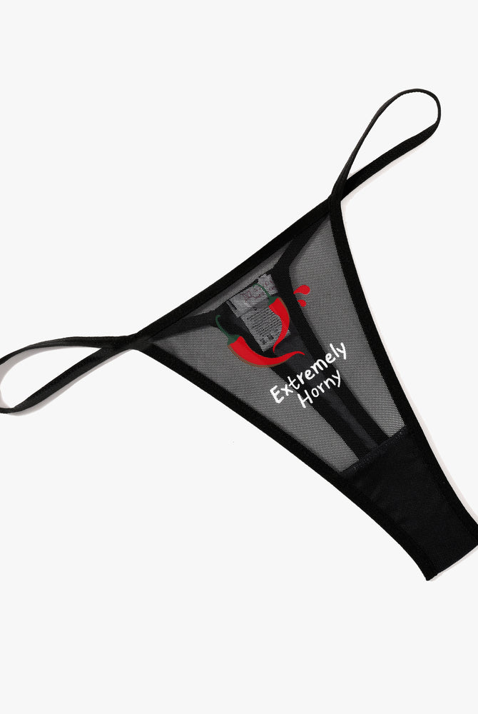 Black mesh low-rise thong panties with "Extremely Horny" and chili pepper print; sexy lingerie