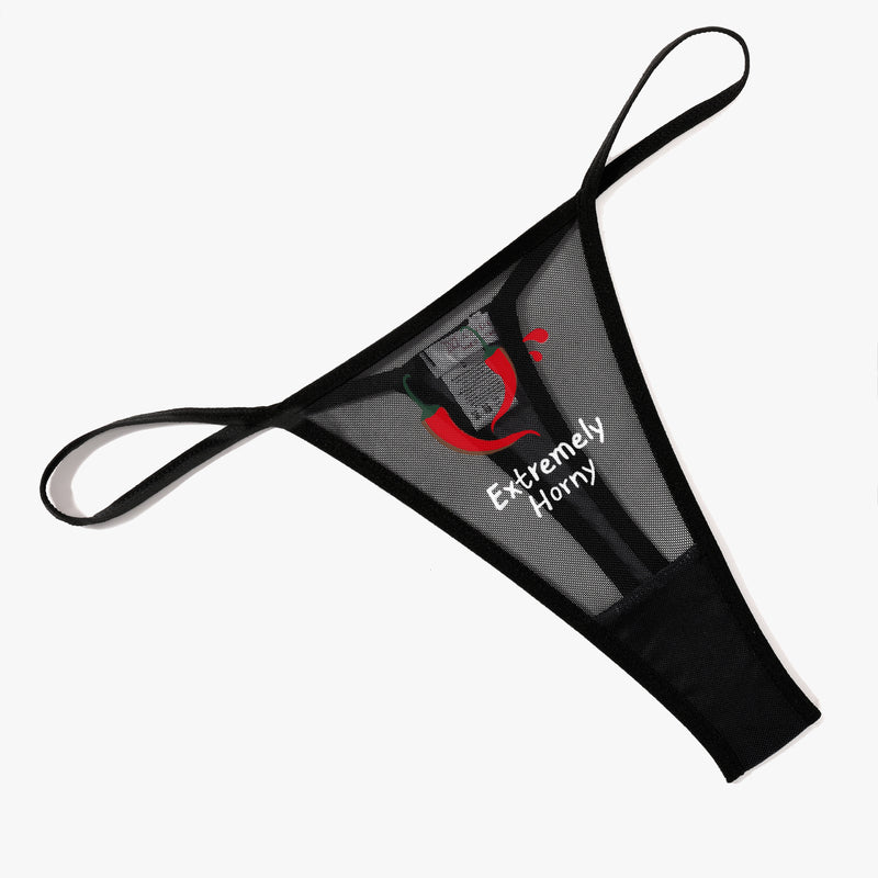 Black mesh low-rise thong panties with "Extremely Horny" and chili pepper print; sexy lingerie