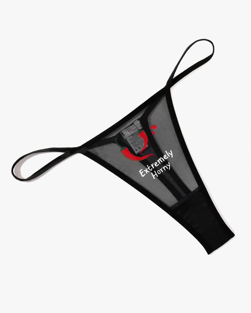 Black mesh low-rise thong panties with "Extremely Horny" and chili pepper print; sexy lingerie