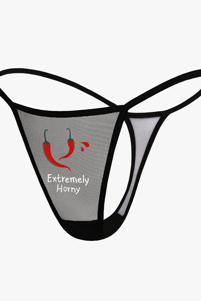 Black low-rise mesh thong panties with "Extremely Horny" and chili pepper print; sexy lingerie