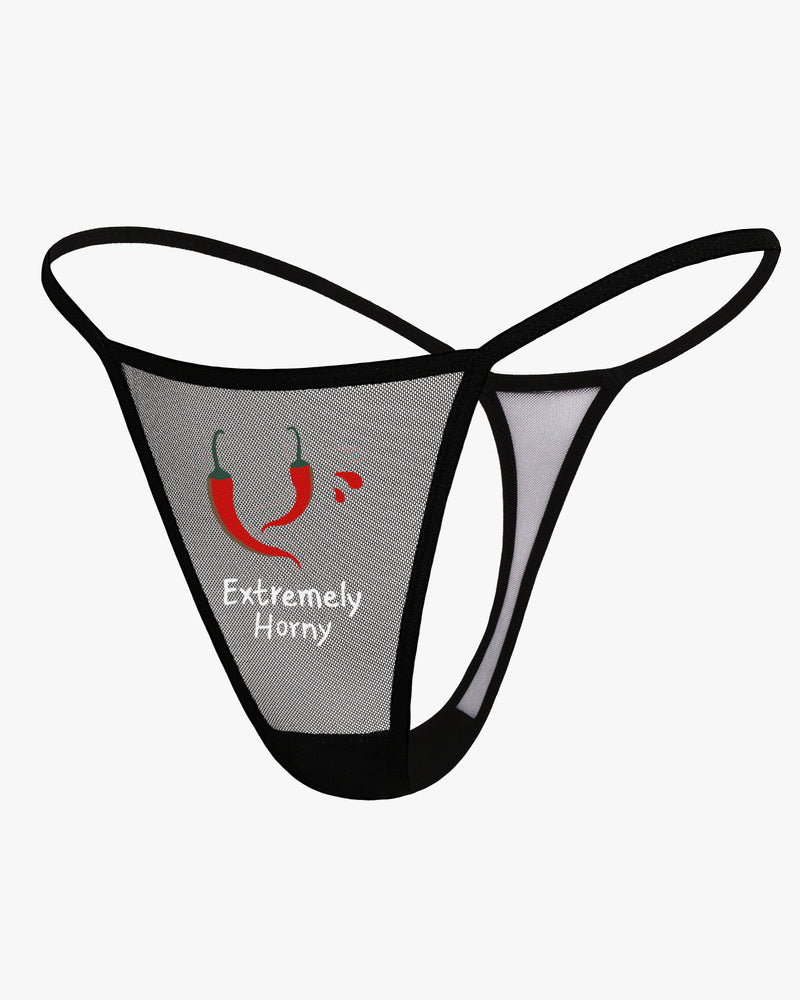 Black low-rise mesh thong panties with "Extremely Horny" and chili pepper print; sexy lingerie