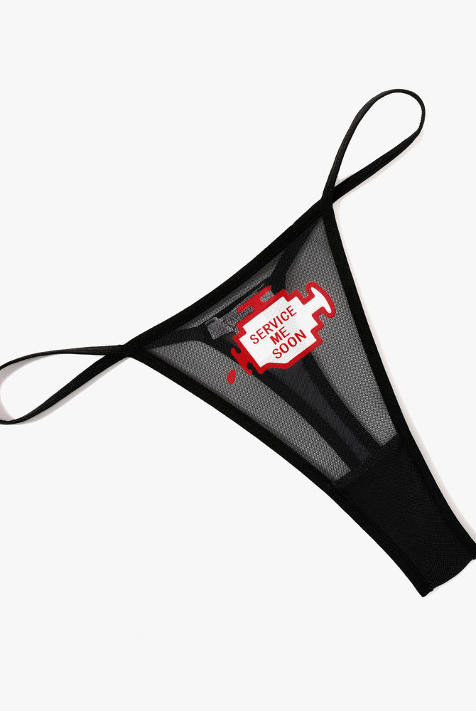 Black mesh low-rise thong panties with 'SERVICE ME SOON' print; sexy lingerie for women
