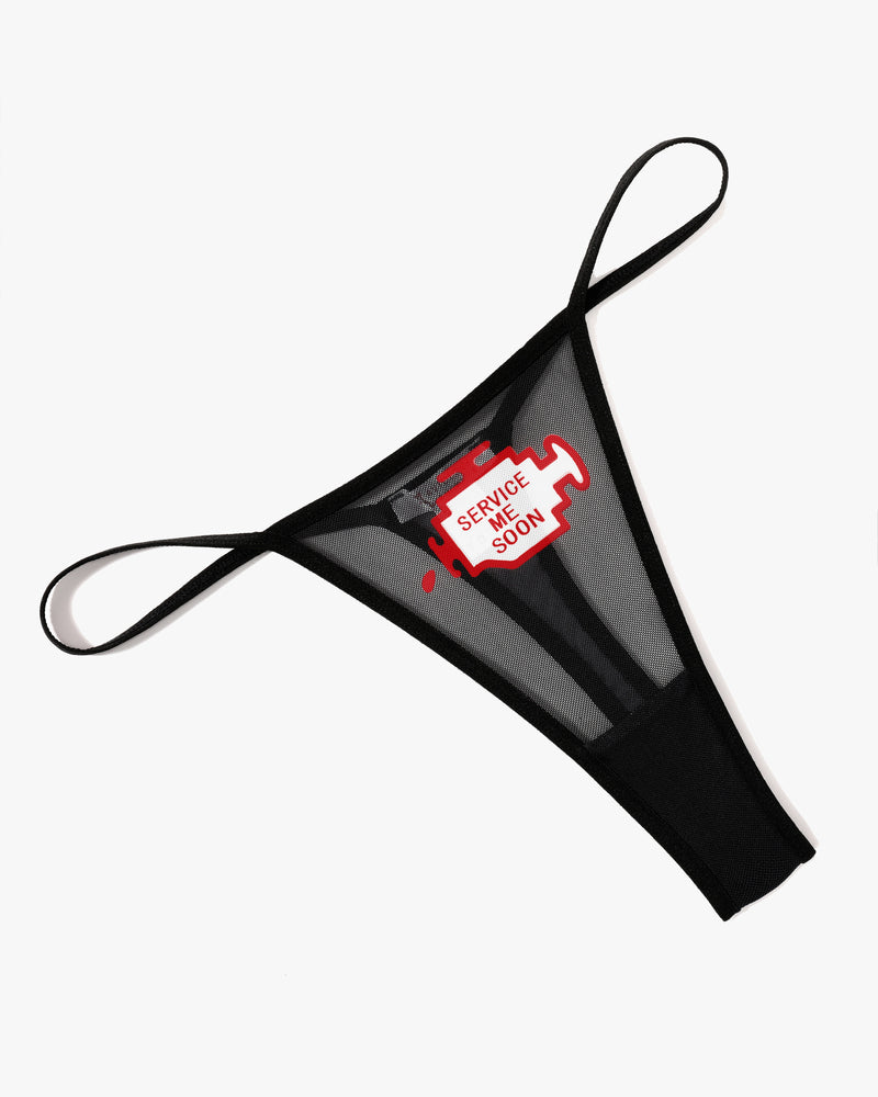 Black mesh low-rise thong panties with 'SERVICE ME SOON' print; sexy lingerie for women