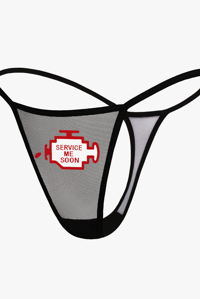 Black mesh "SERVICE ME SOON" low-rise thong panty. Sexy lingerie, V-back design.