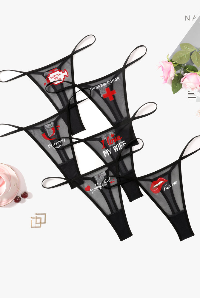 Black low-rise mesh thong panties with various printed phrases, perfect sexy lingerie for women