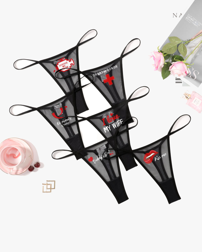 Black low-rise mesh thong panties with various printed phrases, perfect sexy lingerie for women