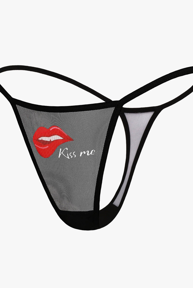 Black mesh "Kiss me" thong panties, sexy low rise lingerie with printed lips, V-back design