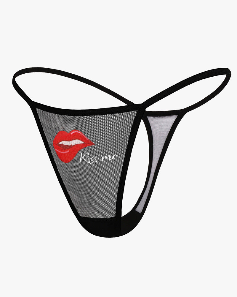Black mesh "Kiss me" thong panties, sexy low rise lingerie with printed lips, V-back design