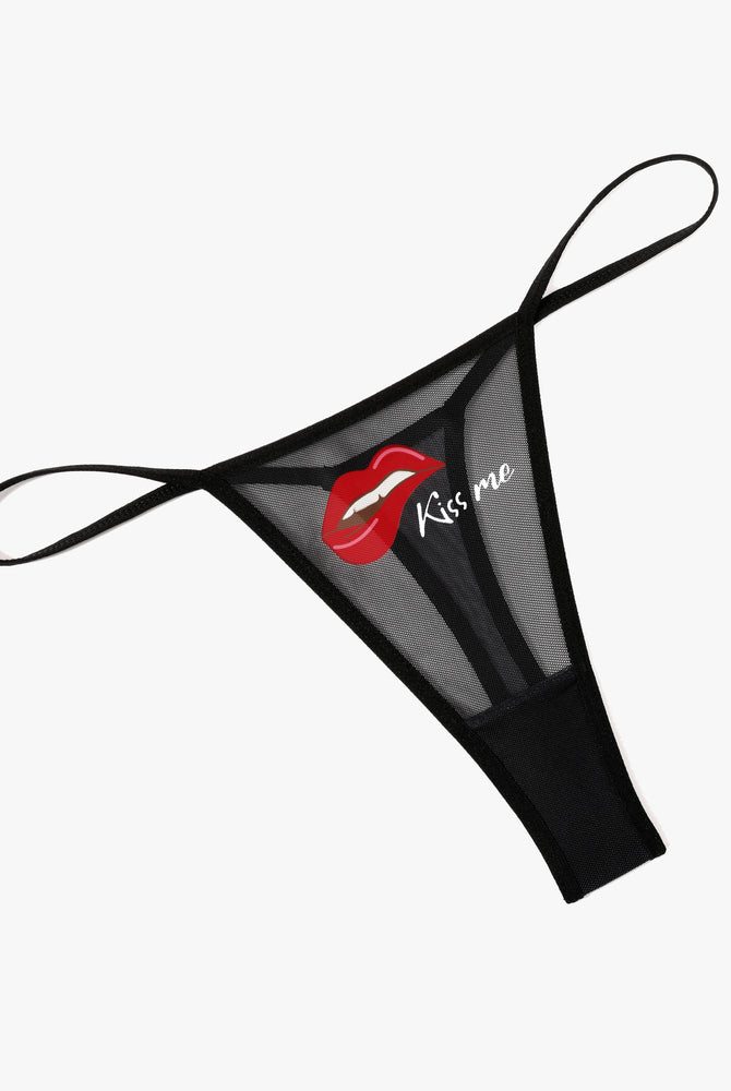 Black mesh thong panties with printed lips and 'Kiss me' text, low-rise sexy lingerie, V-back design