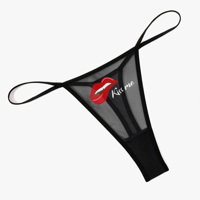 Black mesh thong panties with printed lips and 'Kiss me' text, low-rise sexy lingerie, V-back design