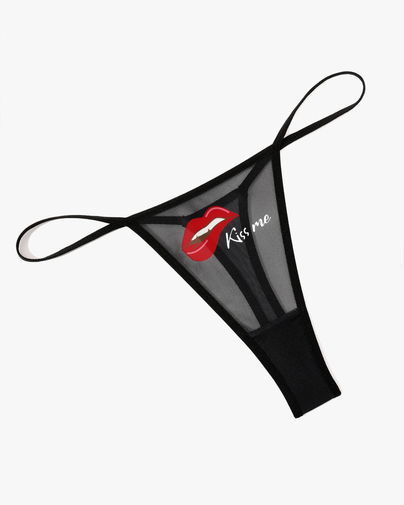 Black mesh thong panties with printed lips and 'Kiss me' text, low-rise sexy lingerie, V-back design