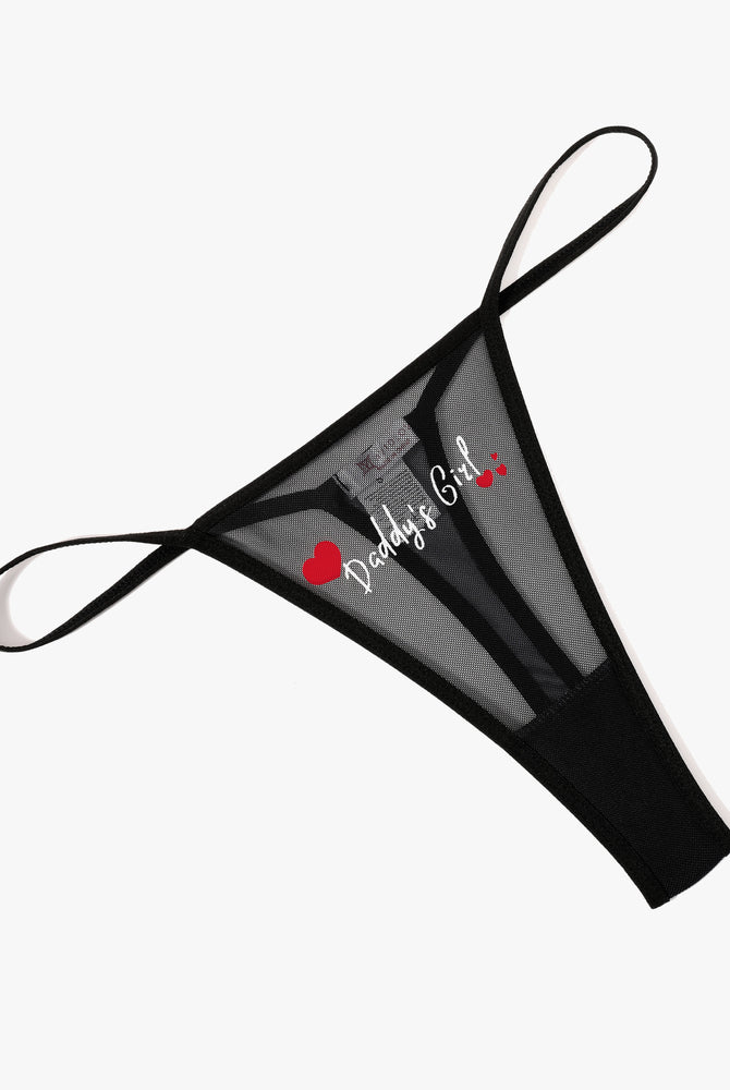 Black mesh thong panties with 'Daddy's Girl' print, sexy low-rise lingerie for women, V-back design.