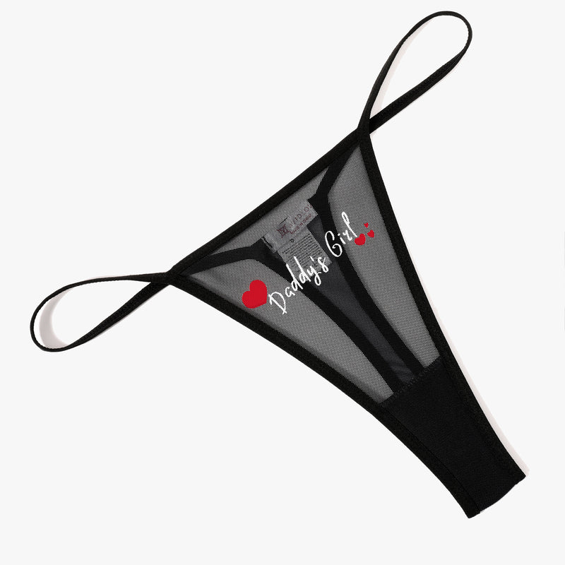 Black mesh thong panties with 'Daddy's Girl' print, sexy low-rise lingerie for women, V-back design.
