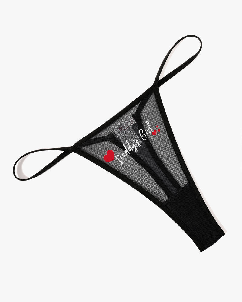 Black mesh thong panties with 'Daddy's Girl' print, sexy low-rise lingerie for women, V-back design.