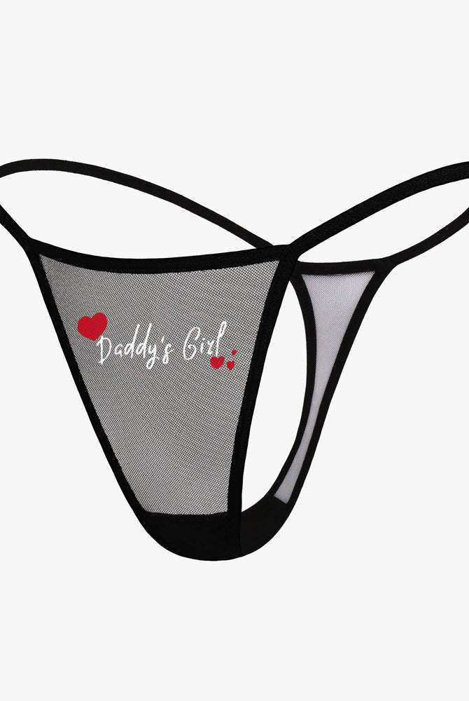 Black mesh low-rise V-back thong panty with "Daddy's Girl" print, sexy lingerie for women