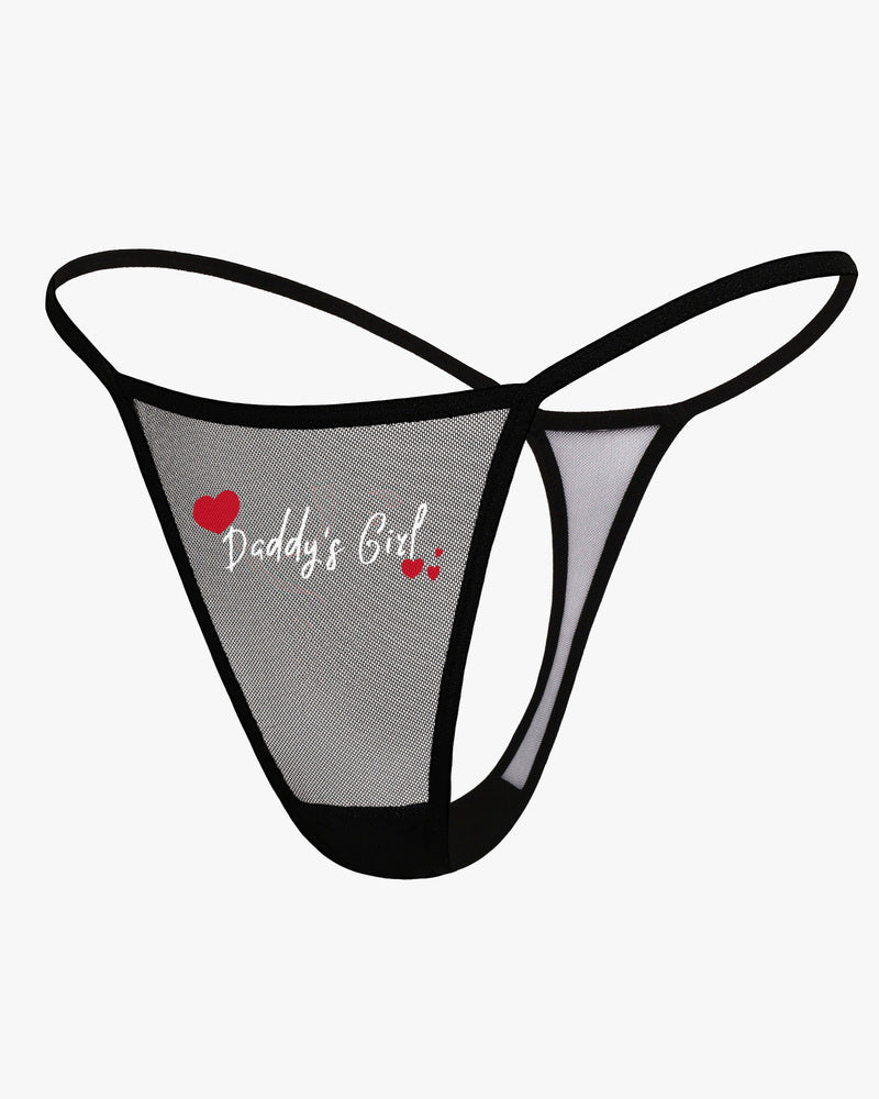 Black mesh low-rise V-back thong panty with "Daddy's Girl" print, sexy lingerie for women