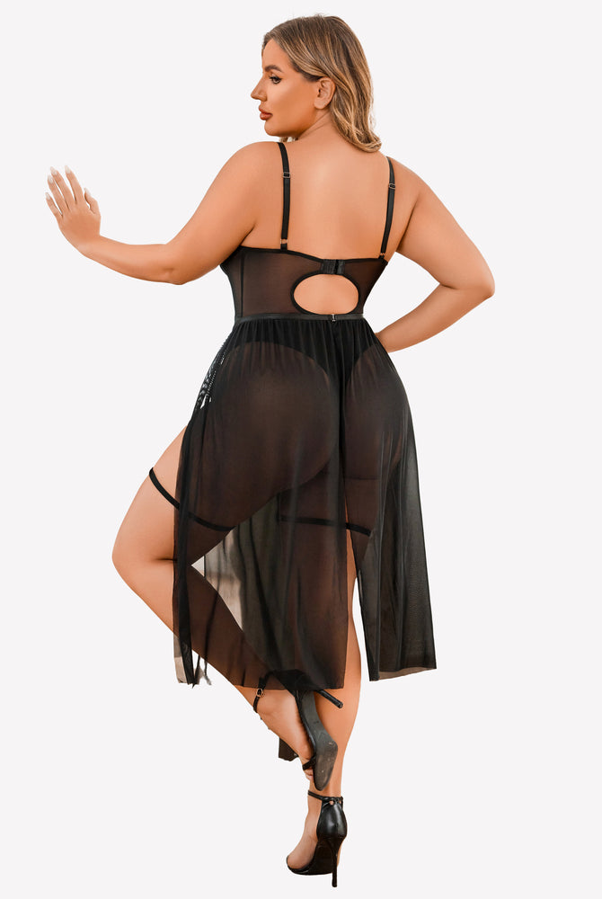 Plus size black lingerie bodysuit with high slit dress; adjustable straps, sexy and confident.