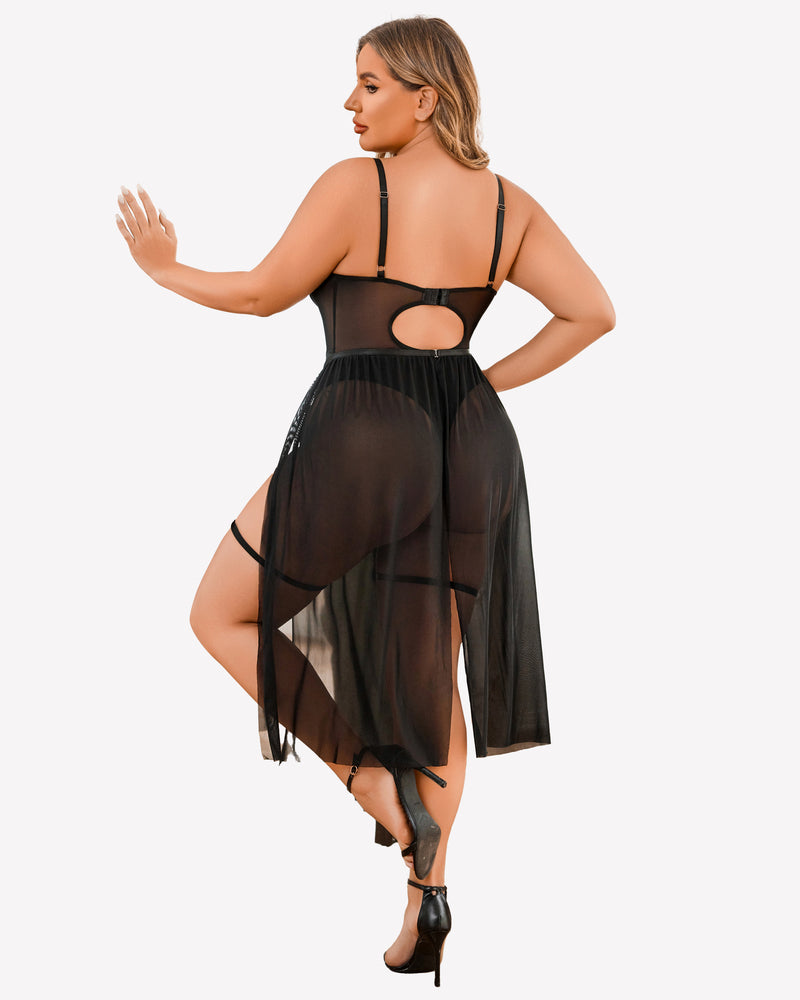 Plus size black lingerie bodysuit with high slit dress; adjustable straps, sexy and confident.