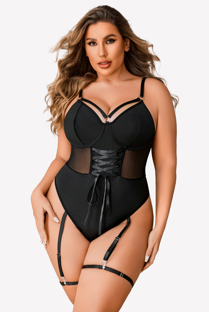 Plus size black bodysuit with corset, mesh, and garter straps; sexy lingerie for confident women