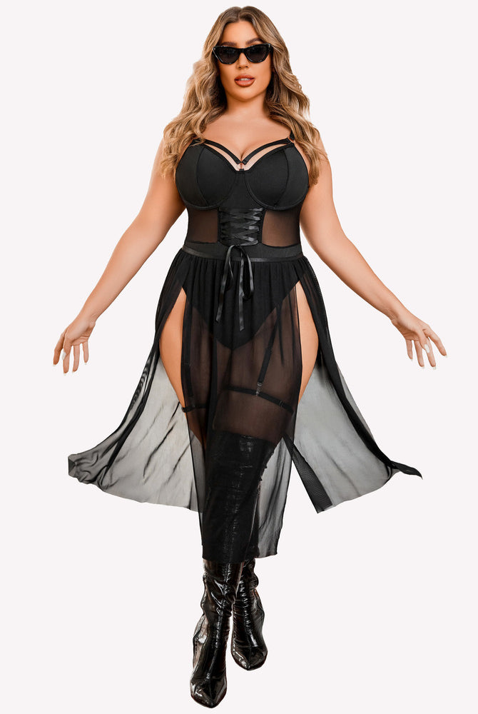 Black plus size bodysuit with high slit dress. Sexy lingerie with mesh and adjustable straps.