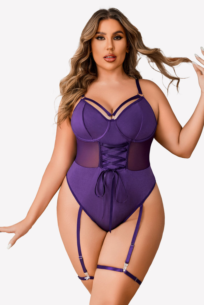 Purple plus size bodysuit with adjustable straps, corset detail, and garter straps; sexy lingerie