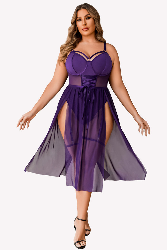 Plus size purple lingerie bodysuit with high slit dress; corset and adjustable straps