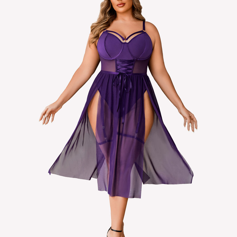 Plus size purple lingerie bodysuit with high slit dress; corset and adjustable straps