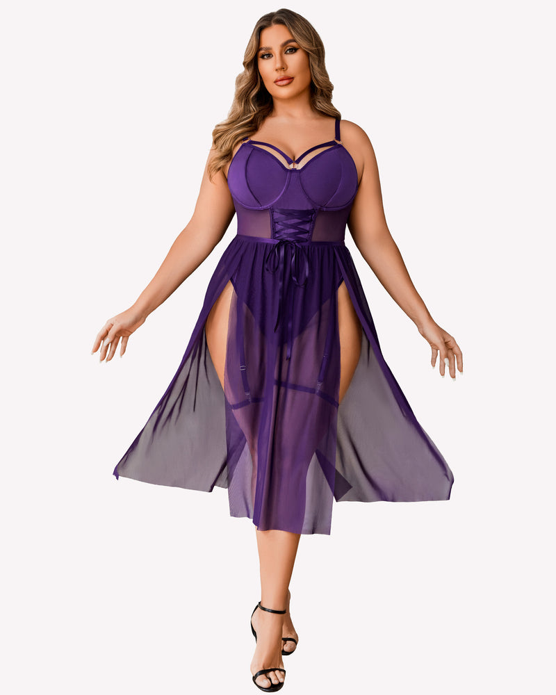 Plus size purple lingerie bodysuit with high slit dress; corset and adjustable straps