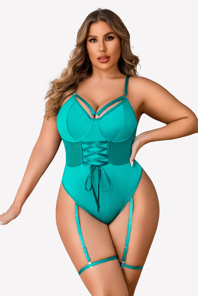 Plus size teal bodysuit with corset, garter straps, and high-cut design; sexy lingerie