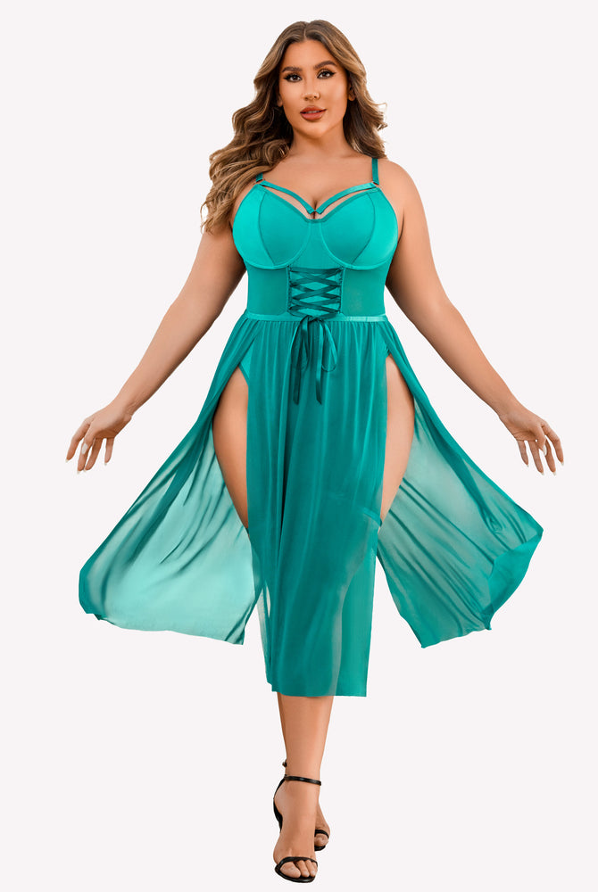 Plus size teal lingerie bodysuit with high slit dress; adjustable straps and corset.