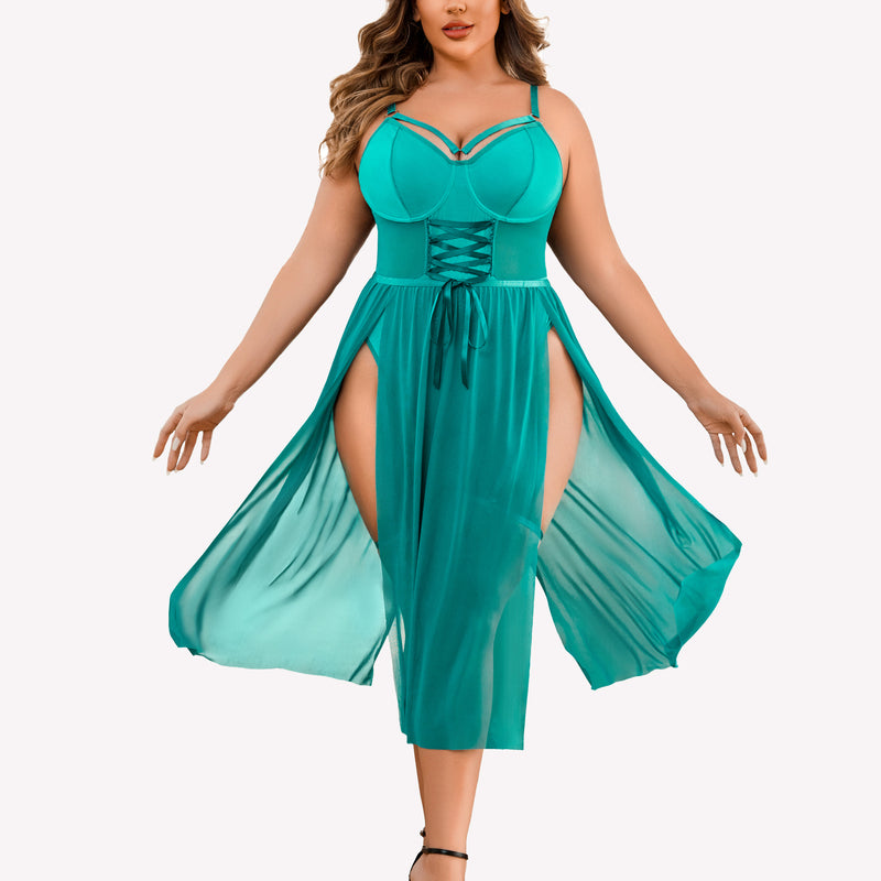 Plus size teal lingerie bodysuit with high slit dress; adjustable straps and corset.
