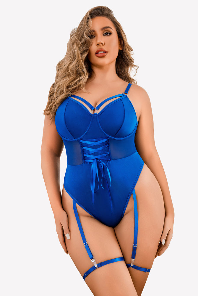 Plus size blue bodysuit with corset detail, garter straps, and adjustable design for confident women