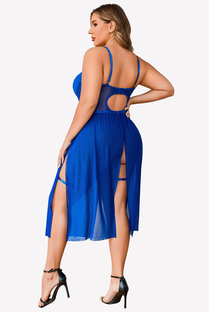 Plus size blue lingerie bodysuit with high slit dress; adjustable straps and garter