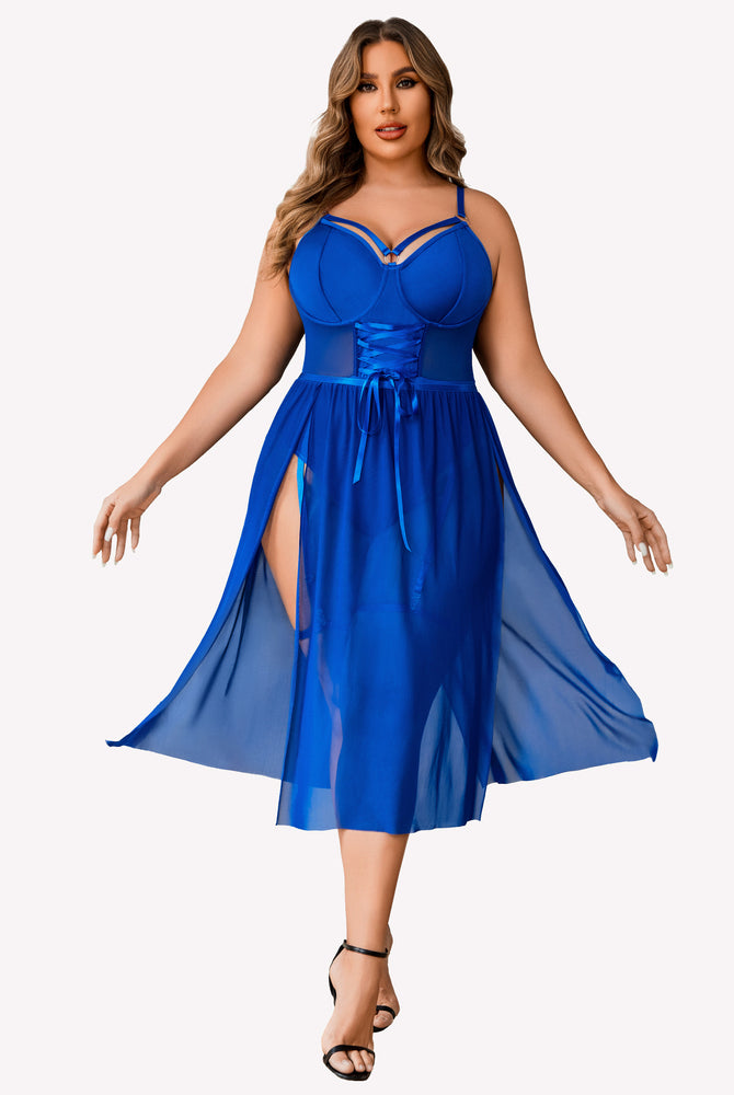 Plus Size Blue Bodysuit High Slit Dress. Mesh Lingerie with Adjustable Straps