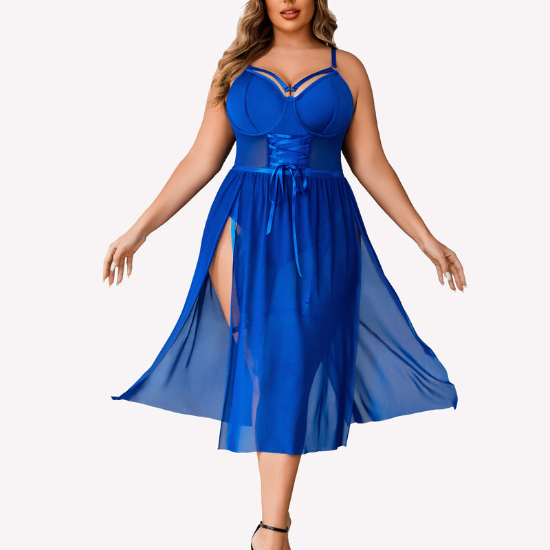 Plus Size Blue Bodysuit High Slit Dress. Mesh Lingerie with Adjustable Straps