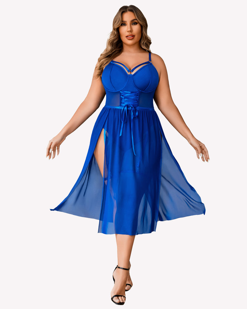 Plus Size Blue Bodysuit High Slit Dress. Mesh Lingerie with Adjustable Straps