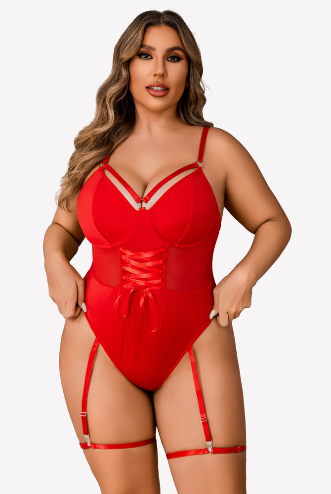 Red plus size bodysuit with garter straps. Sexy lingerie with corset and adjustable features.