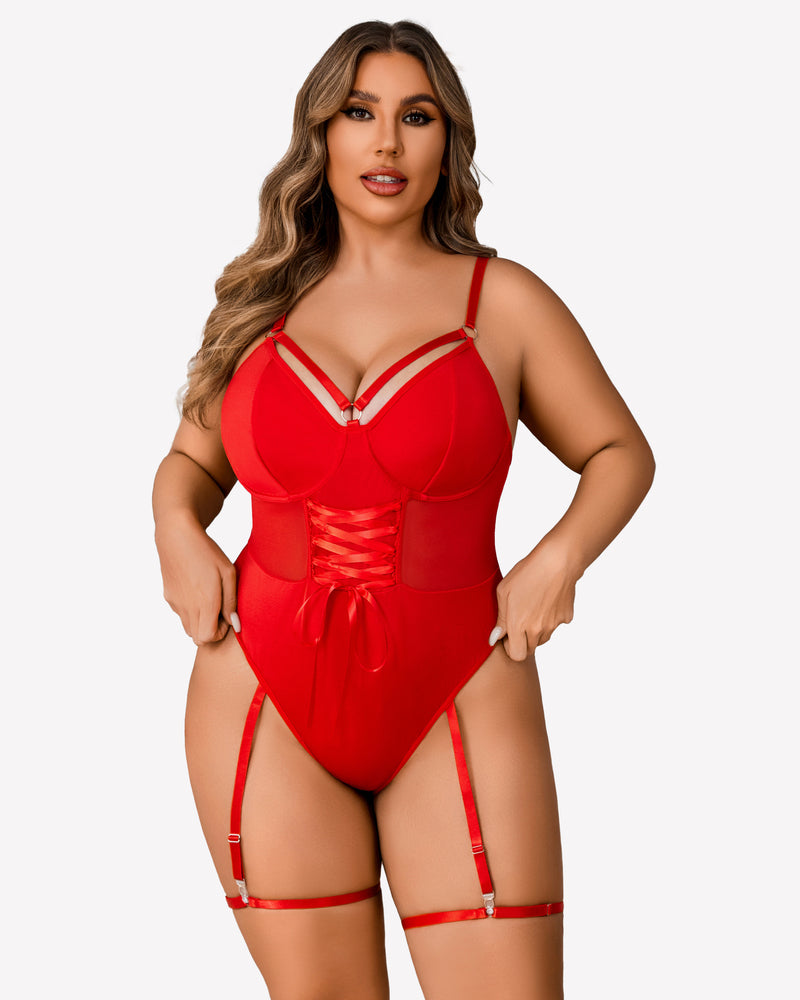Red plus size bodysuit with garter straps. Sexy lingerie with corset and adjustable features.
