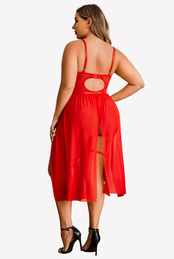 Plus Size Red Bodysuit with High Slit Dress. Sheer mesh lingerie for confident women.