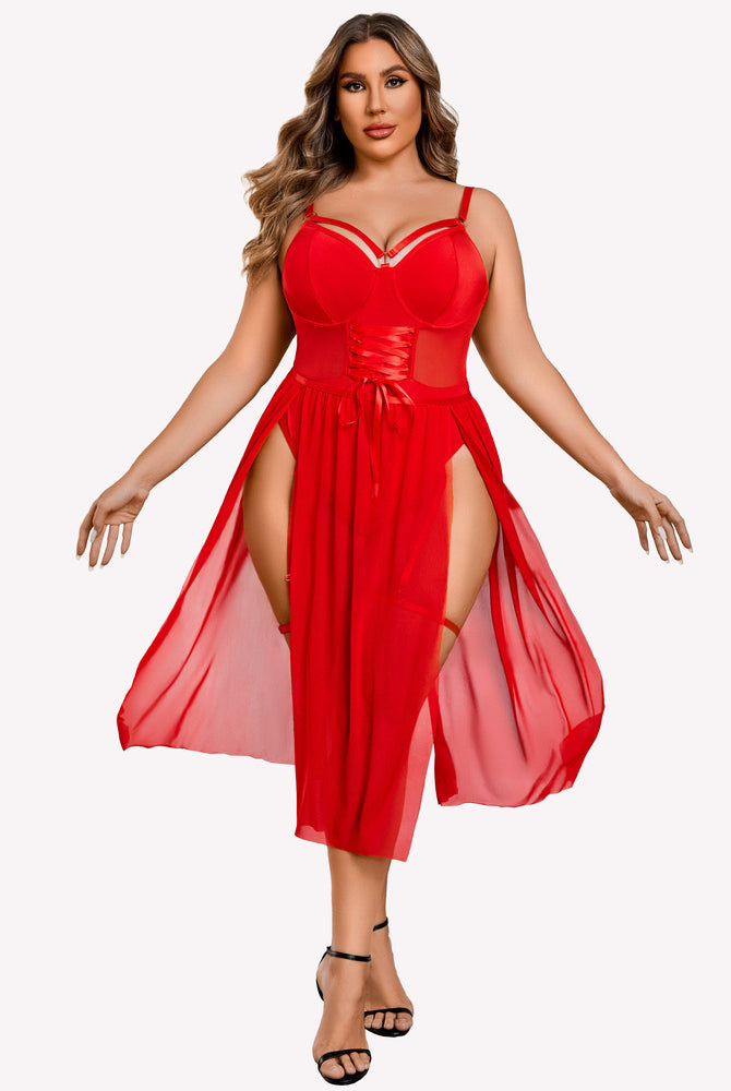 Red plus size lingerie bodysuit with high slit dress; adjustable straps and mesh design.