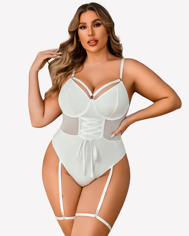 Plus size white lingerie bodysuit with garter straps, mesh, and corset. Adjustable design.