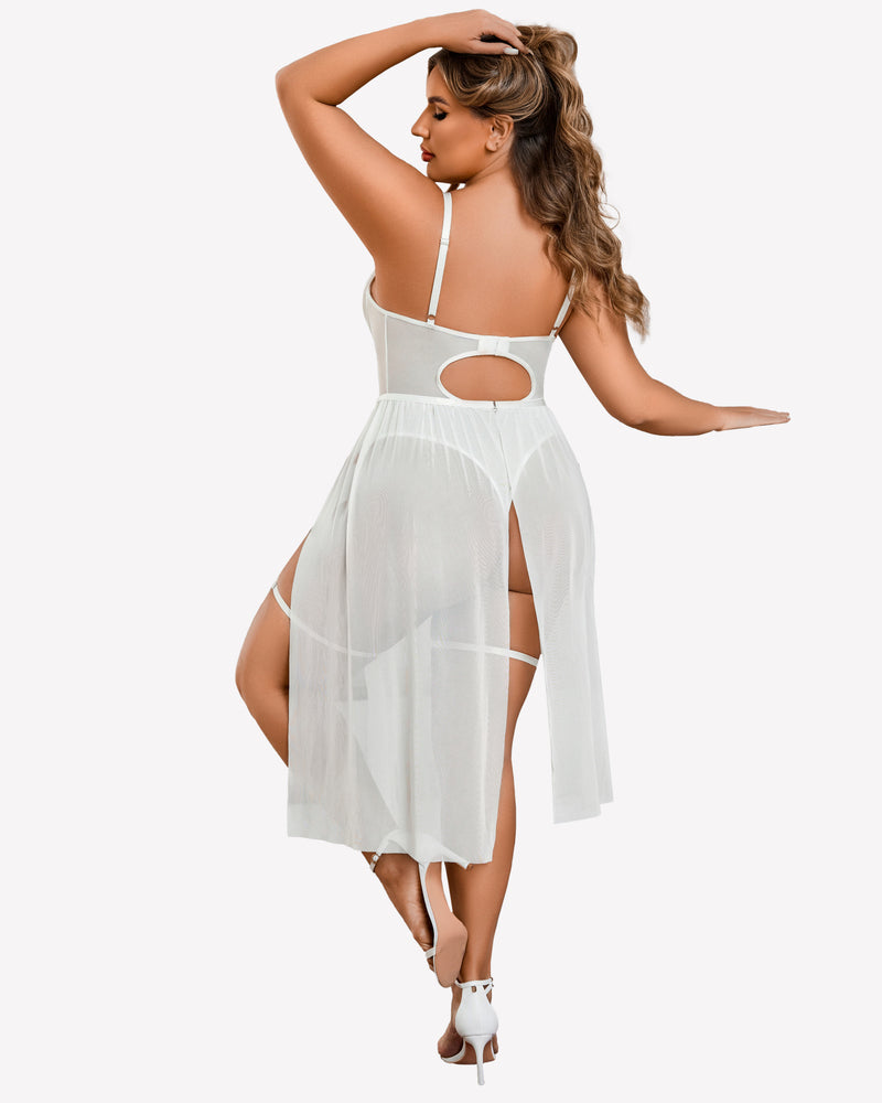 Plus size white lingerie bodysuit with high slit dress. Sexy and confident design for women.