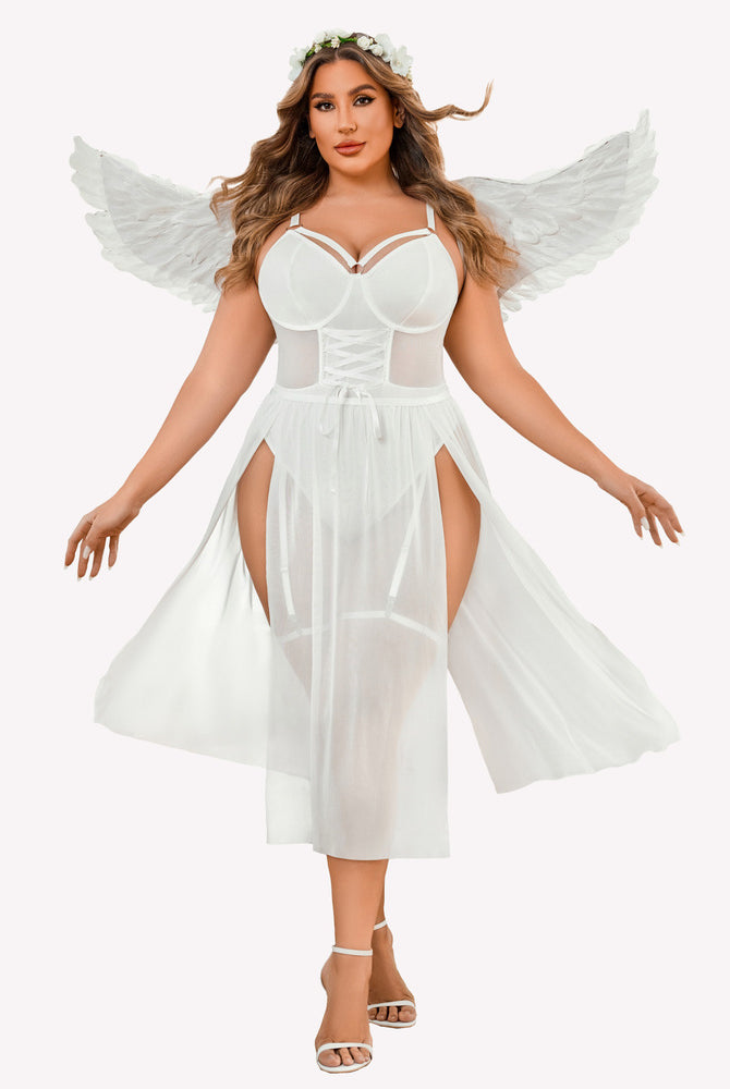 White plus size angel lingerie bodysuit with high slit dress, wings and floral crown.