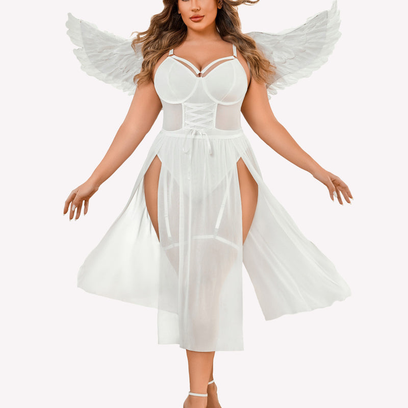 White plus size angel lingerie bodysuit with high slit dress, wings and floral crown.