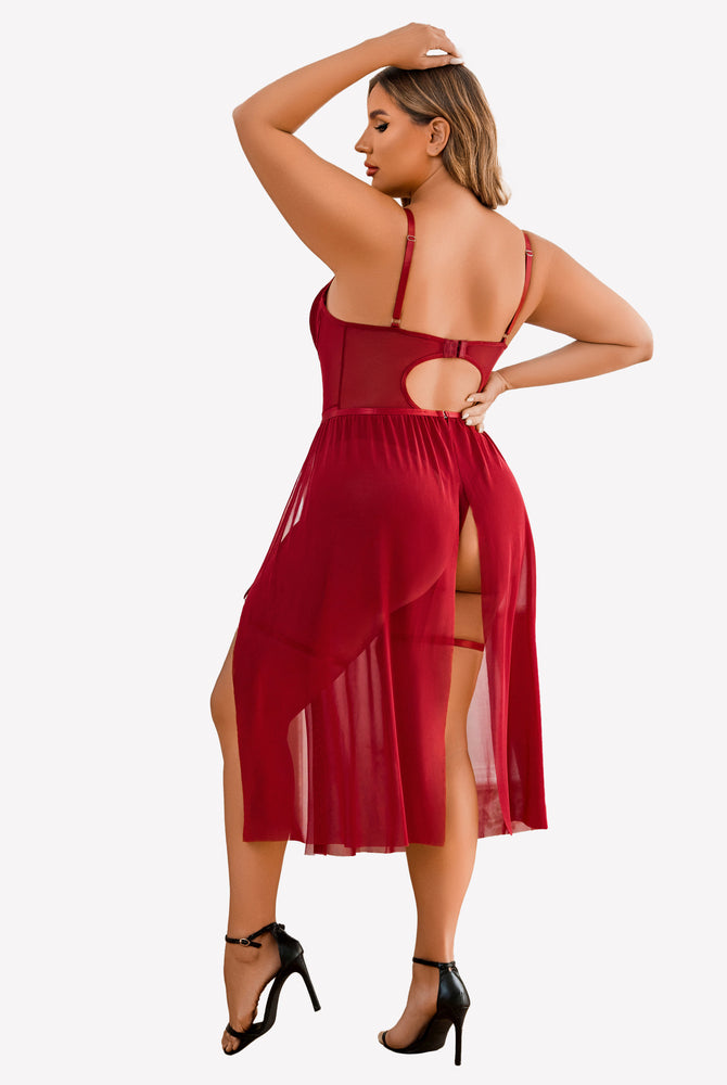 Red plus size bodysuit with high slit dress; mesh and adjustable straps. Sexy lingerie.