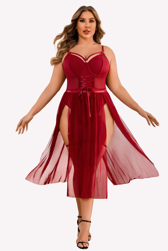 Plus size burgundy lingerie bodysuit with high-slit dress. Sexy and confident design for women.
