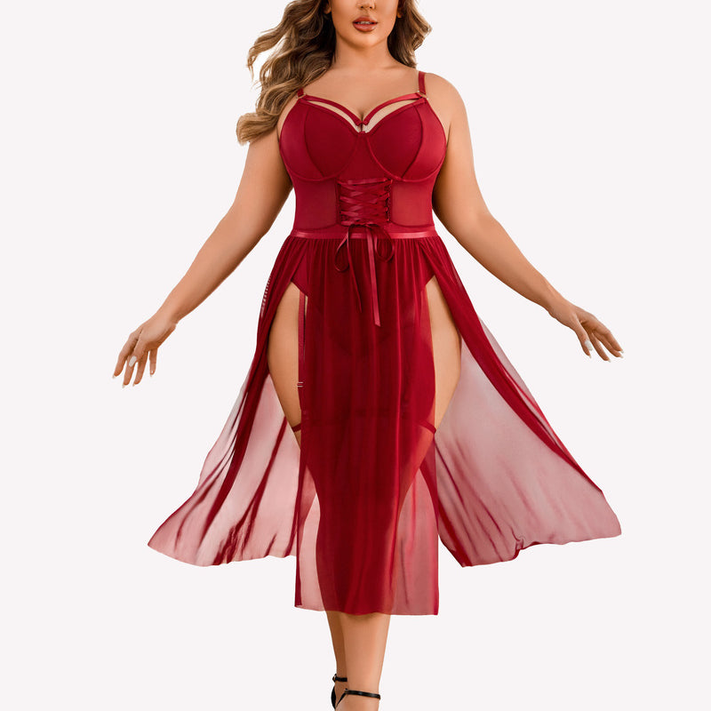 Plus size burgundy lingerie bodysuit with high-slit dress. Sexy and confident design for women.