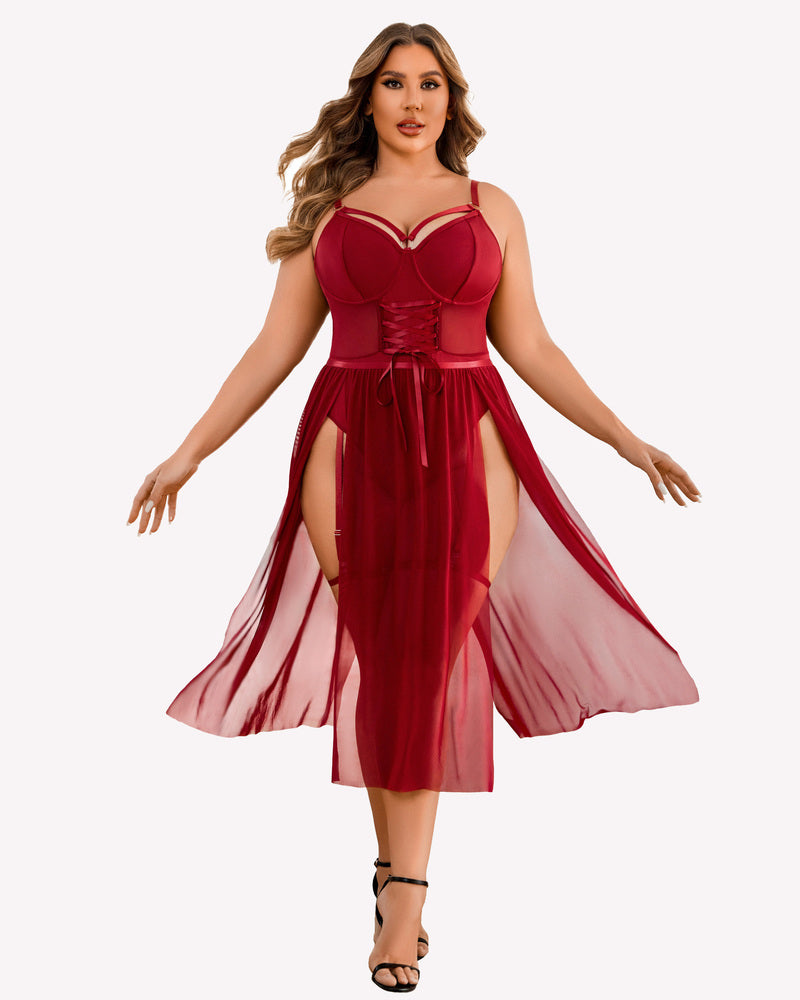 Plus size burgundy lingerie bodysuit with high-slit dress. Sexy and confident design for women.
